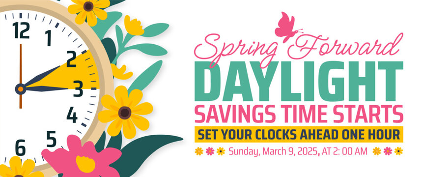 Spring Forward concept 2025 banner with flower and clock design. Daylight Saving Time Starts background with cartoon doodle style with funny clock flower. schedule of changing clocks at march 09, 2025