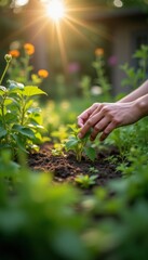 Fototapeta premium Person is tending to garden, carefully handling young plant with green leaves. Gardening, nurturing process of plant care. Agriculture, sustainability, and nature.