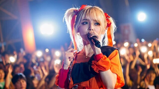 Energetic Female Pop Singer Performs on Stage with a Crowd of Fans; Singing Pop Music with Passion and Energy; Live Concert