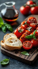 Fresh Bruschetta with Cherry Tomatoes Basil and Balsamic Glaze on Wooden Board Close Up View