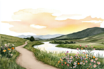 serene landscape featuring winding path, river, and blooming flowers at sunset