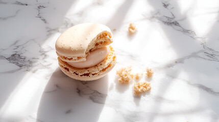 Fototapeta premium Bitten Macaron on Marble Surface - Sweet indulgence captured in bright light, a dessert still life.
