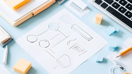 Creative brainstorming session at a desk with rough sketches and stationery during the daytime