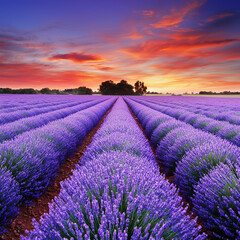 Lavender Field Sunset: Rows of purple lavender at sunset