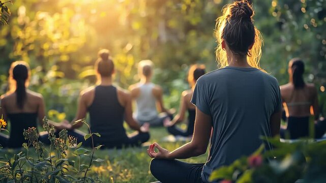 A group of individuals gathers in a peaceful garden, engaging in meditation. The golden sunlight filters through the trees, creating a calming atmosphere as they focus inward.