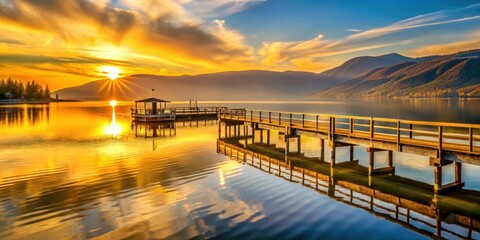 Obraz premium Golden sunrise over Salmon Arm Wharf on Shuswap Lake in BC, lake scenery