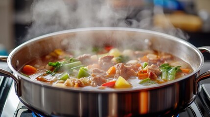 A high-angle shot of a bubbling pot of soup on the stove, with colorful vegetables and meat visible through the steam, creating a comforting cooking scene.