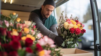 Florist arranging colorful rose bouquets in delivery van.
