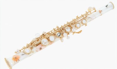 Fototapeta premium Elegant floral-themed flute resting on a clean white surface, highlighting its intricate design