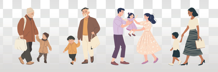 Fototapeta premium Family walking together happily, isolated vector set