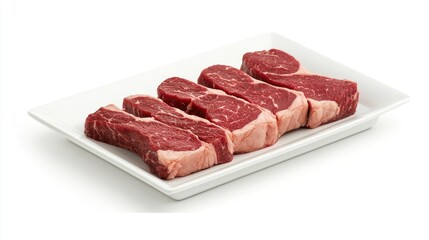 Fototapeta premium A high-definition image of a steak cut into slices, revealing its juicy interior, arranged neatly on a white plate with a clean, white background.