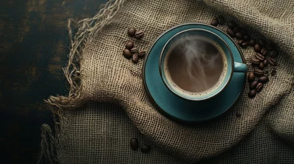 Crédence de cuisine en verre imprimé Steaming coffee cup on burlap, dark background, cozy mood, perfect for cafe menu