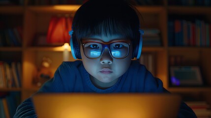 Young boy engaged in e learning with headphones in a modern classroom using advanced technology