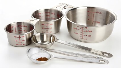 Stainless Steel Measuring Cups and Spoons Set on White Background