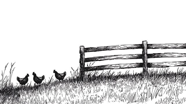 Pen and ink drawing, chickens foraging near a wooden fence in a grassy field, the wood grain of the fence detailed with fine lines, blades of grass overlapping with subtle crosshatching, bright white