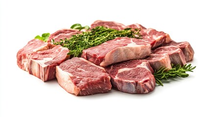 A neatly arranged display of fresh pork steaks, including different cuts like shoulder and ribeye, with a simple white background to emphasize their quality.