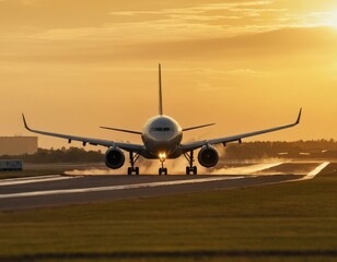 An airplane is taking off from an airport runway during sunset hours