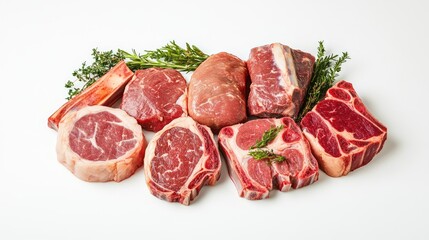 Fototapeta premium A neatly arranged display of fresh pork steaks, including different cuts like shoulder and ribeye, with a simple white background to emphasize their quality.