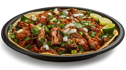 Fototapeta premium Delicious Tacos al Pastor on a Plate with Lime Wedges
