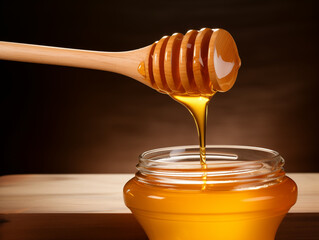 A rich and appetizing shot of honey being drizzled into a jar, with the textures of the wood and honey highlighted by soft, warm lighting.