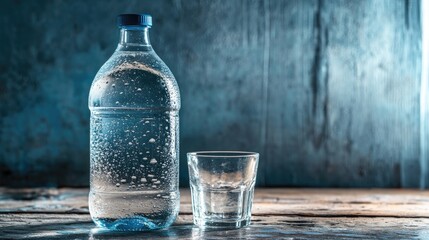 A refreshing scene of a large bottle of water with condensation on the surface, placed on a wooden table with a glass ready to be filled.