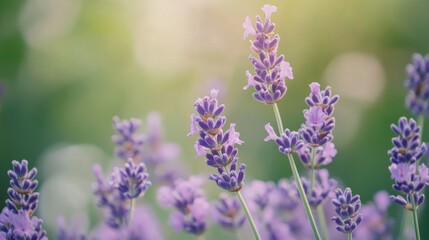 Fototapeta premium A serene image of a cluster of blooming lavender, with soft purple hues and fine details of the tiny flowers, set against a blurred green background.