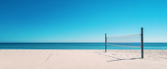 Beach volleyball net on a sandy beach with a clear blue sky and calm ocean in the background, symbolizing summer fun, sports, and beach activities.