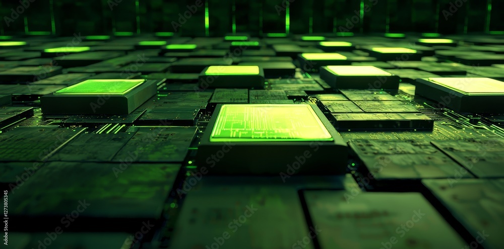 Poster a dazzling 3d rendering of a microchip with visible electron paths and pulsating lights along the ci