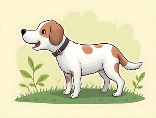 A cartoon dog with brown and white fur stands attentively on grass with plants, looking happy and alert