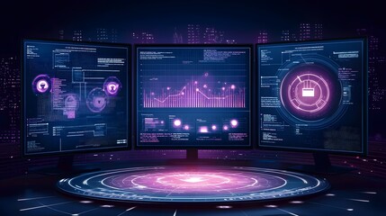 Futuristic digital security monitoring hub showcasing AI driven cyber threat analysis and real time data breach prevention dashboard