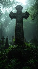 Ancient stone cross in misty graveyard shrouded in green moss and lush foliage mystery