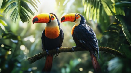 Naklejka premium Two toucans perched on branch, rainforest background, sunlit foliage, wildlife photography