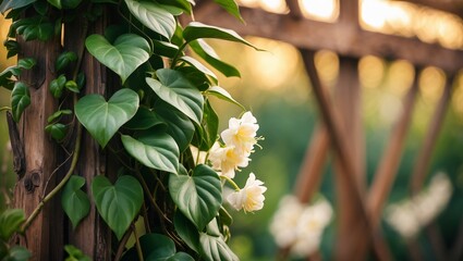 Fototapeta premium Vibrant flowers and lush green foliage adorn a wooden trellis in a tranquil garden at sunset