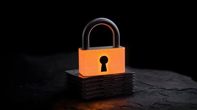 Futuristic padlock glowing on a digital data stack close up shot symbolizing the protection of confidential documents through data encryption and cybersecurity measures