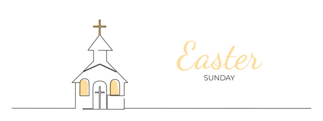 One continuous line drawing of church. Easter Sunday banner. Editable stroke, simple, doodle design, vector illustration