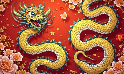 Obraz premium Vibrant illustration of a golden dragon entwined among floral motifs on a red backdrop. Perfect for celebrating Asian culture, festivals, or decorative art.