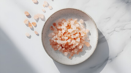 Aromatic pink salt crystals in a ceramic bowl, complemented by shadows, placed on a marble background.