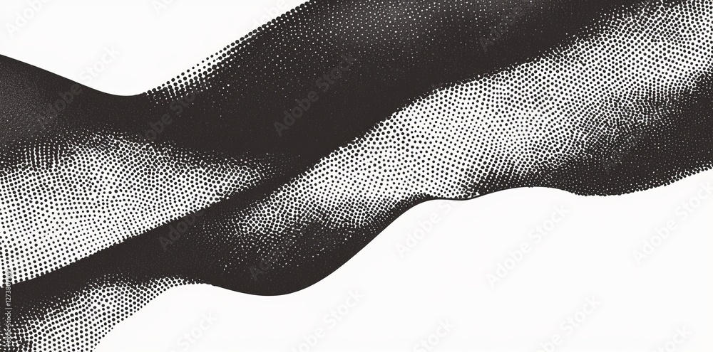 Poster a 3d curve with a halftone black gradient and wave pattern of flowing dots particles forms a shape i