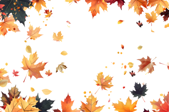 Colorful autumn leaves border isolated on transparent background, perfect for seasonal designs, backgrounds, and holiday themes