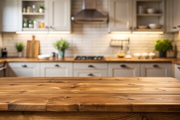 Wooden table top with copy space on blurred kitchen room interior and summer window background
