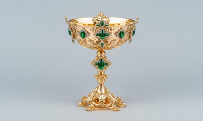 Ornate golden chalice with emerald embellishments displayed against a neutral background