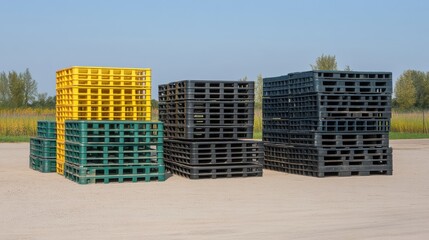 Stacks of Yellow Green and Black Plastic Pallets on a Bright Day Against Blue Sky