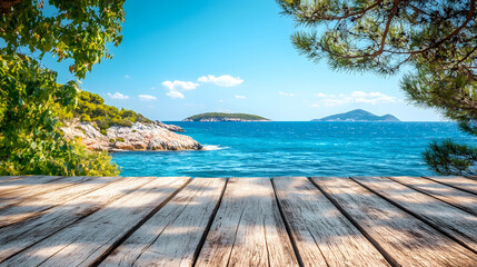Obraz premium Wooden table on the background of the sea, island and the blue sky. High quality photo