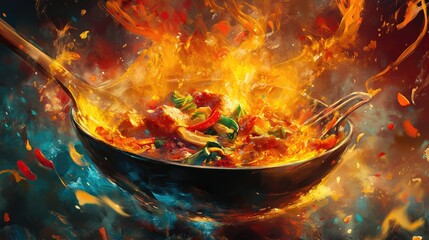A vibrant scene of a wok on high heat with stir-frying vegetables and meat, showcasing the dynamic action of cooking and the bright colors of the ingredients.