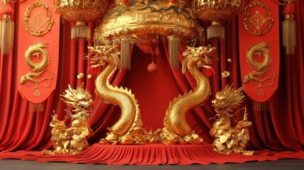 Obraz premium Golden Dragons Adorn a Regal Red Chinese Setting