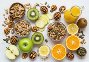 Healthy breakfast ingredients, colorful fruits, granola, nuts, white background, overhead view, food photography, vibrant colors, citrus slices, kiwi, apple, orange