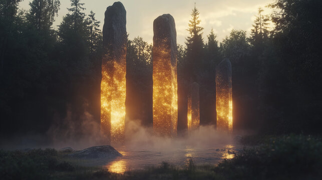 Mysterious Alien Artefacts, Misty Ethereal Glowing Monolith - AI Generated