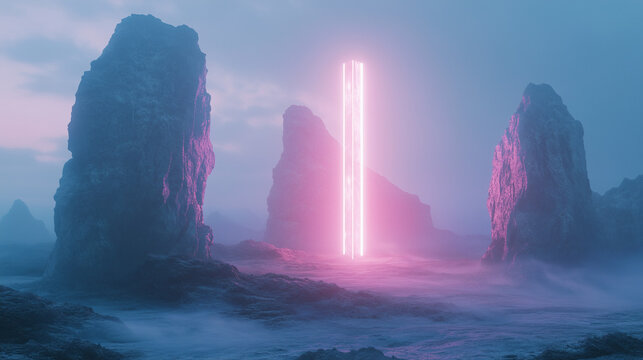 Mysterious Alien Artefacts, Misty Ethereal Glowing Monolith - AI Generated