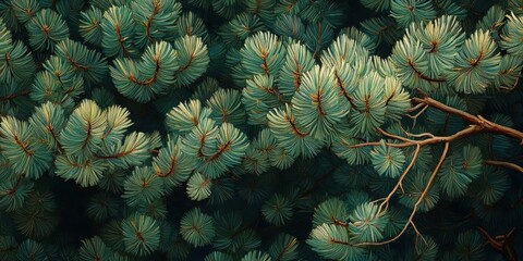 A lifelike oil painting capturing the intricate branches of a pine tree, adorned with rich, vibrant hues. Each branch delicately detailed, evoking nature's timeless beauty.  