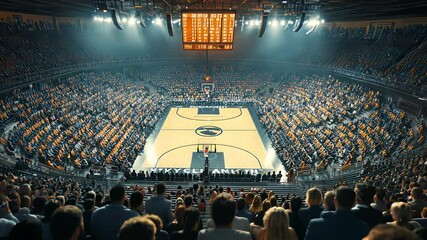 Crowd cheers at basketball game in packed arena during championship match in evening